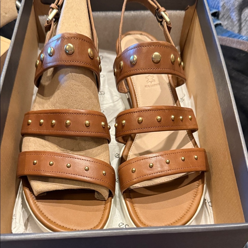 Ecco Studded Tan Leather Strappy Sandals